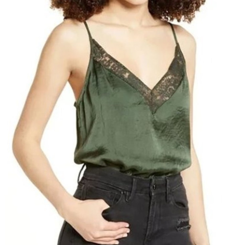 Socialite Olive Green Silky Spaghetti Strap Bodysuit